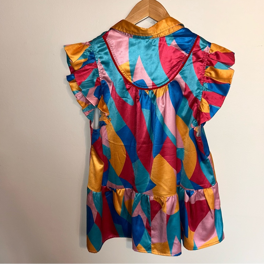 Abstract Colorful Geometric Ruffle Sleeve Top L Large Umgee - Picture 7 of 10